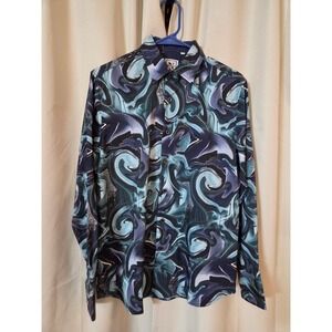 DE-NIKO Mens Teal Navy Marbled Swirl Gold Foil Button Down Shirt Small